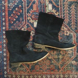 Black suede Jeffery Campbell low heel slouch boots